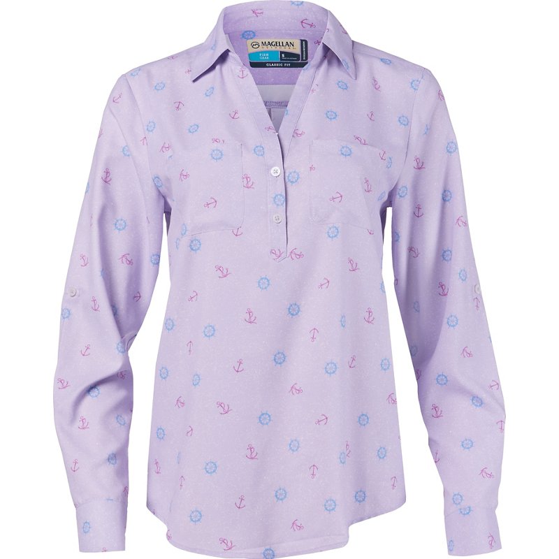 Magellan Outdoors Women's Aransas Pass Long Sleeve Henley Stripe Shirt Radiant Orchid Nautical, X-Small - Women's Fishing Tops at Academy Sports