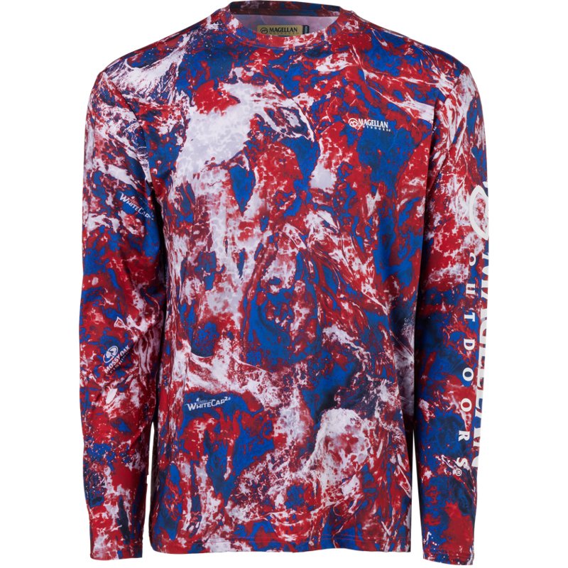 Magellan Outdoors Men's FishGear Mossy Oak Whitecap Long Sleeve Crew T-Shirt Red/Blue/Mossy Oak Whitecap, Small - Men's Fishing Tops