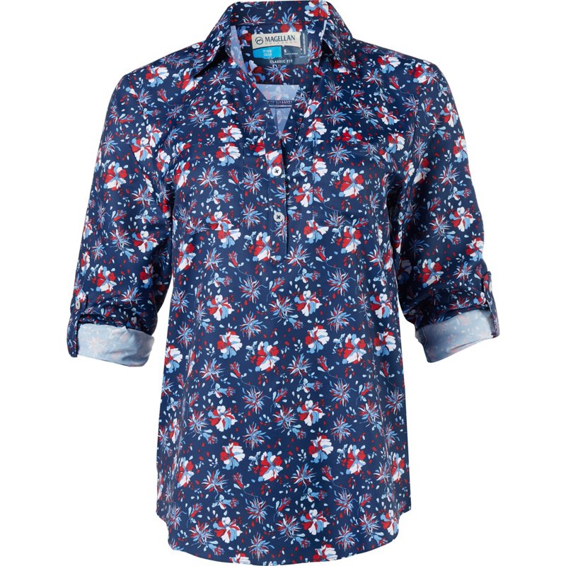 Magellan Outdoors Women's Aransas Pass Americana Long Sleeve Henley Shirt Americana Floral, X-Small - Women's Fishing Tops at Academy Sports
