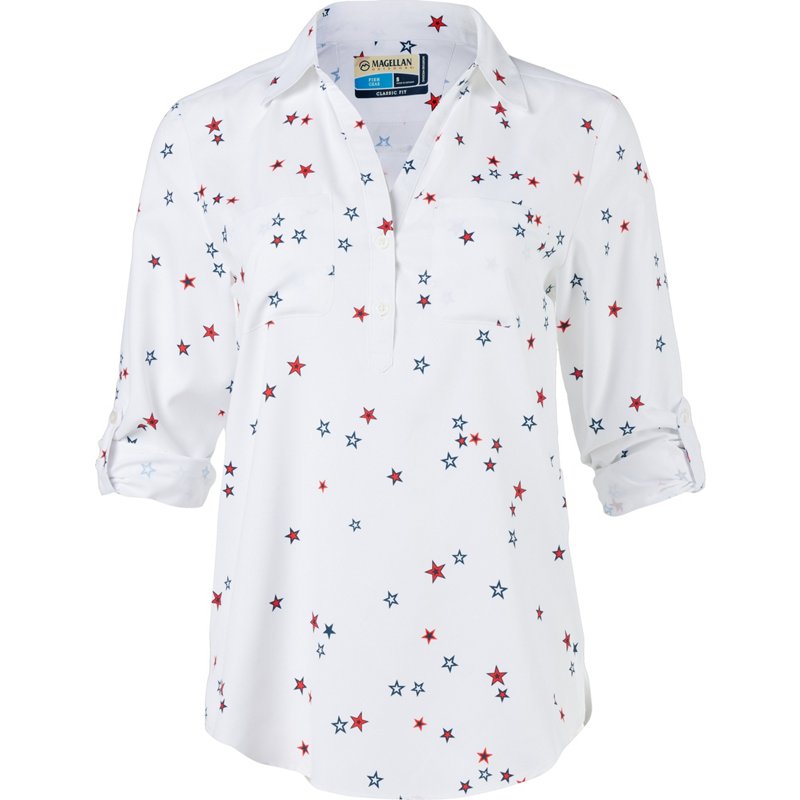 Magellan Outdoors Women's Aransas Pass Americana Long Sleeve Henley Shirt Americana Stars, Small - Women's Fishing Tops at Academy Sports