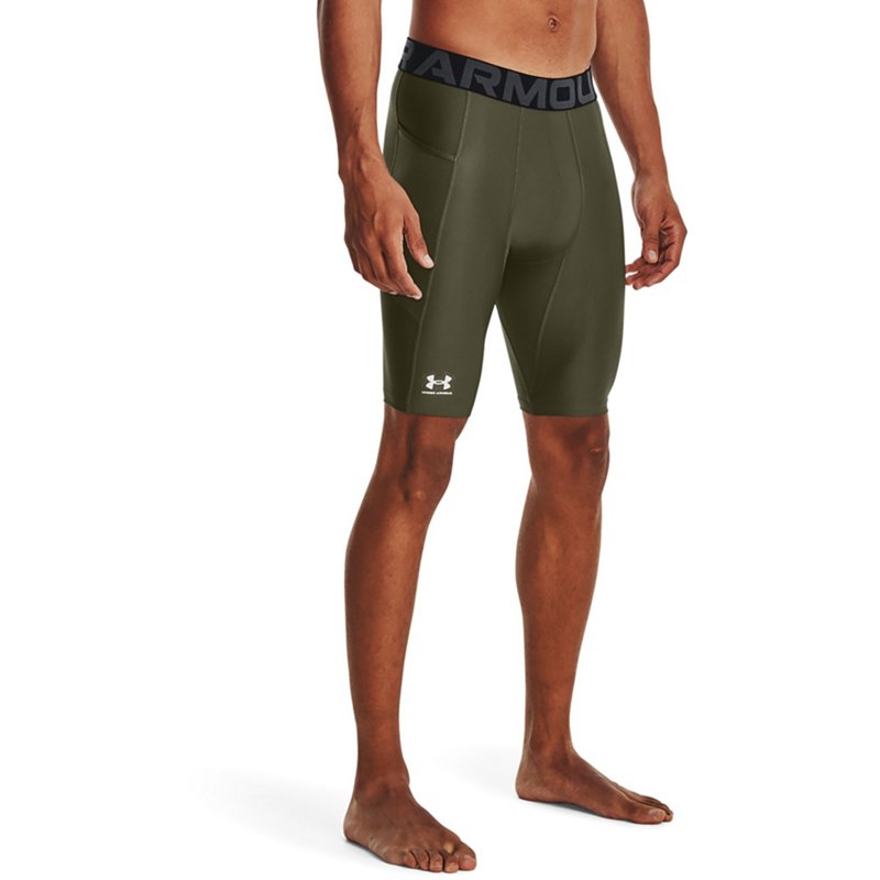 Under Armour Men's HeatGear Long Compression 9" Shorts, Large, Marine Od Green/White