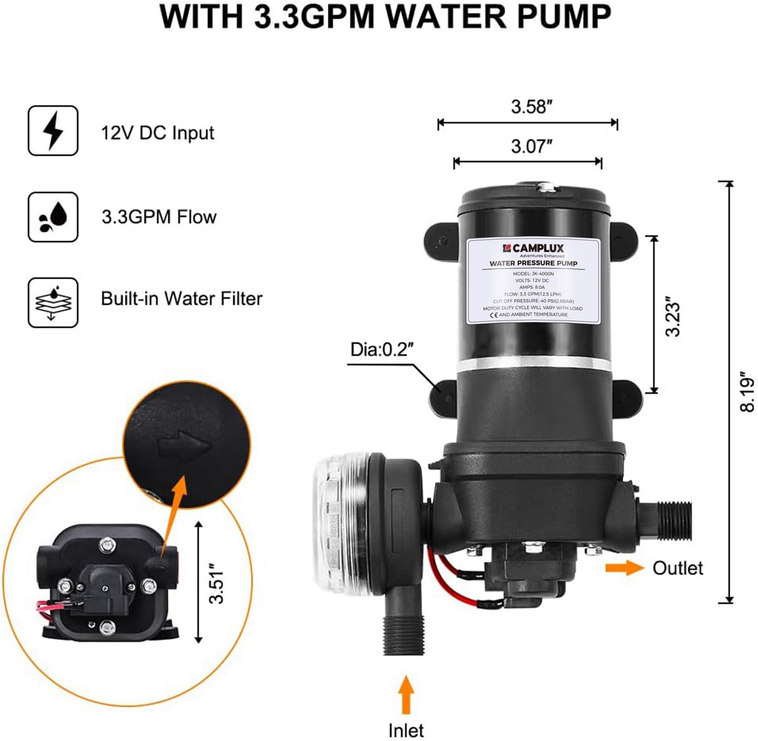 CampLux 12V DC 3.3 GPM Water Pressure Diaphragm Pump - view number 2