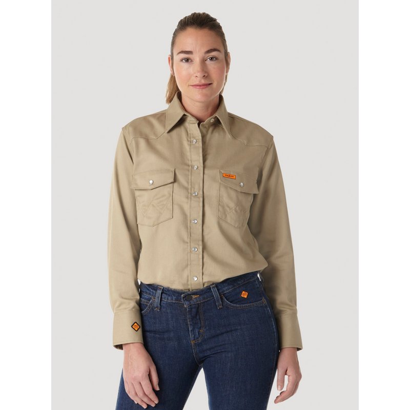 Wrangler Women's FR Solid Long Sleeve Shirt Khaki, Large - Women's Outdoor Long-Sleeve Tops at Academy Sports