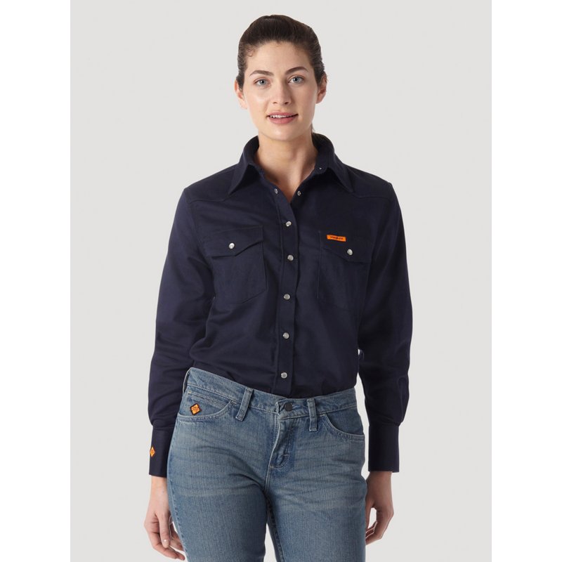 Wrangler Women's FR Solid Long Sleeve Shirt Navy Blue, X-Large - Women's Outdoor Long-Sleeve Tops at Academy Sports