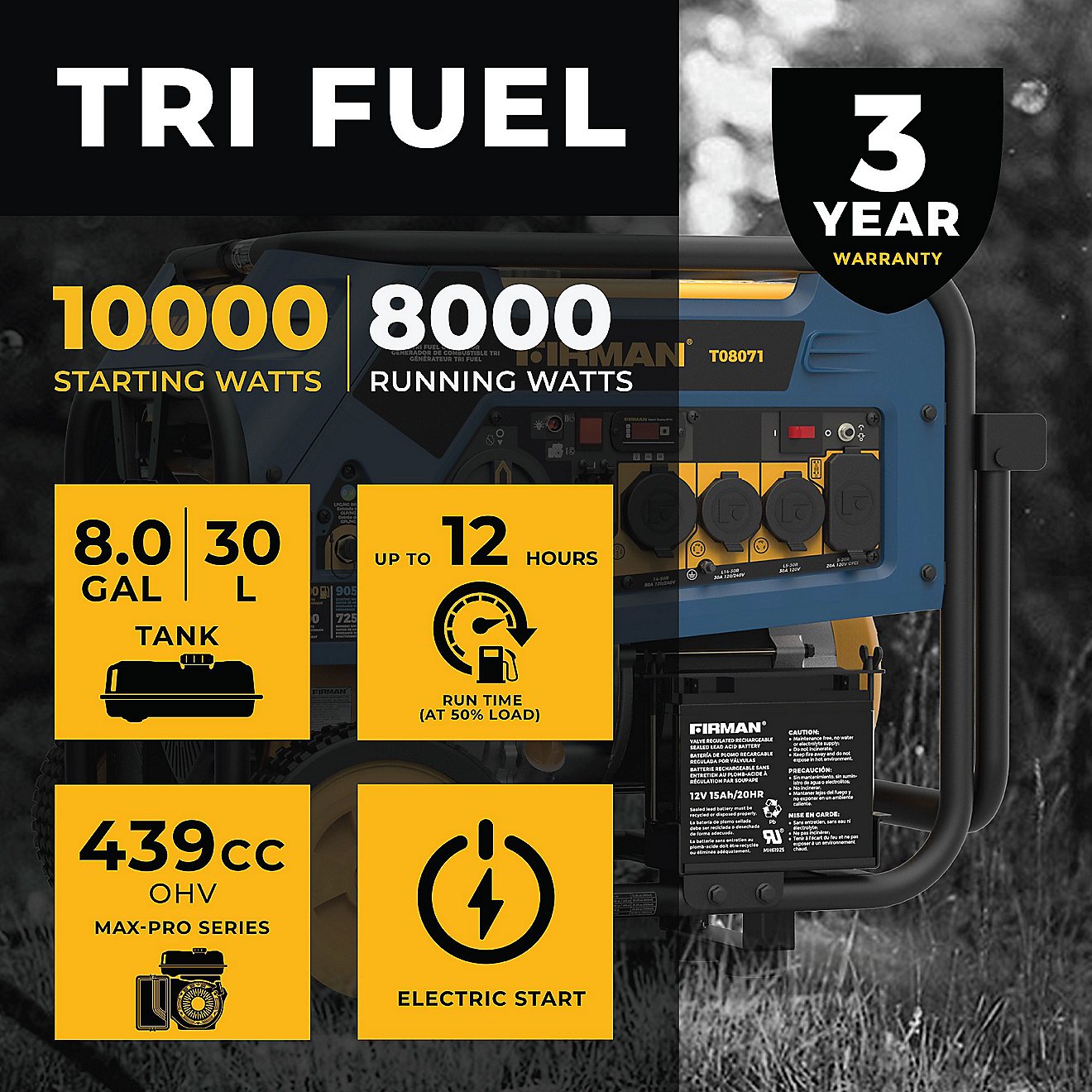 Firman 10,000 Watt Electric Start Tri Fuel Generator                                                                             - view number 6