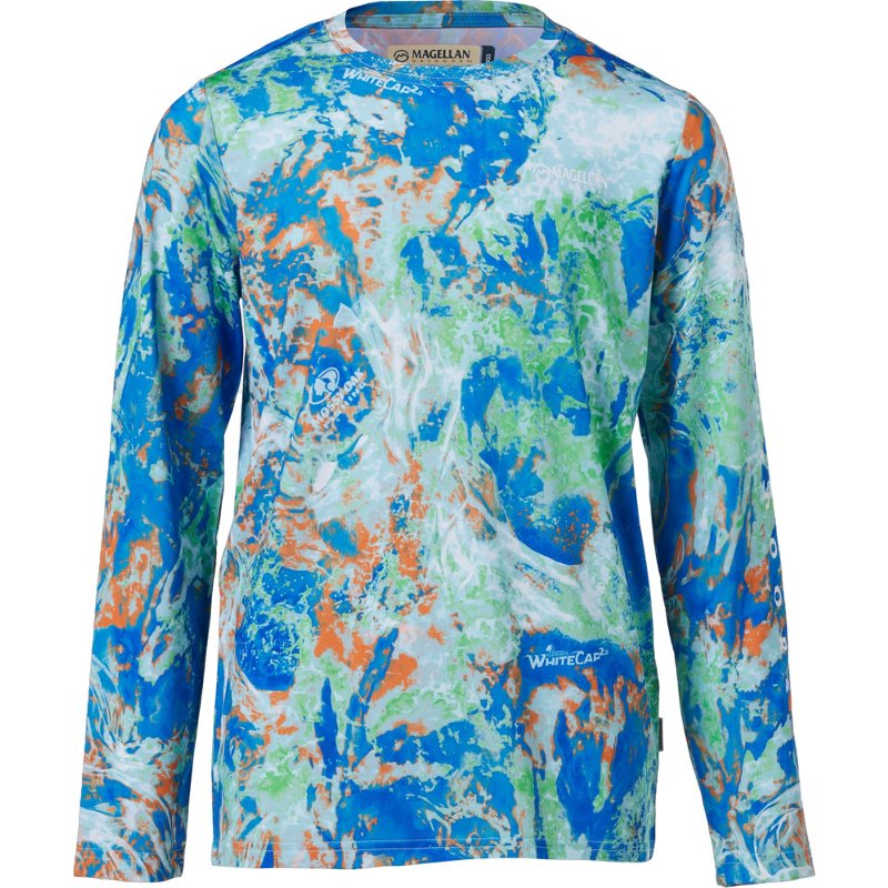 Magellan Outdoors Boys' FishGear MO Whitecap 2.0 Long Sleeve T-Shirt Orange/Blue/Mossy Oak Whitecap, X-Small - Boy's Graphic Tees at Academy Sports