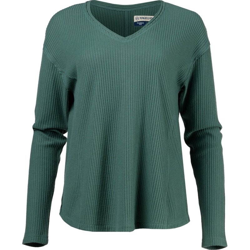 Magellan Outdoors Women's Happy Camper Oversized Waffle Long Sleeve Top Duck Green, X-Large - Women's Outdoor Long-Sleeve Tops at Academy Sports