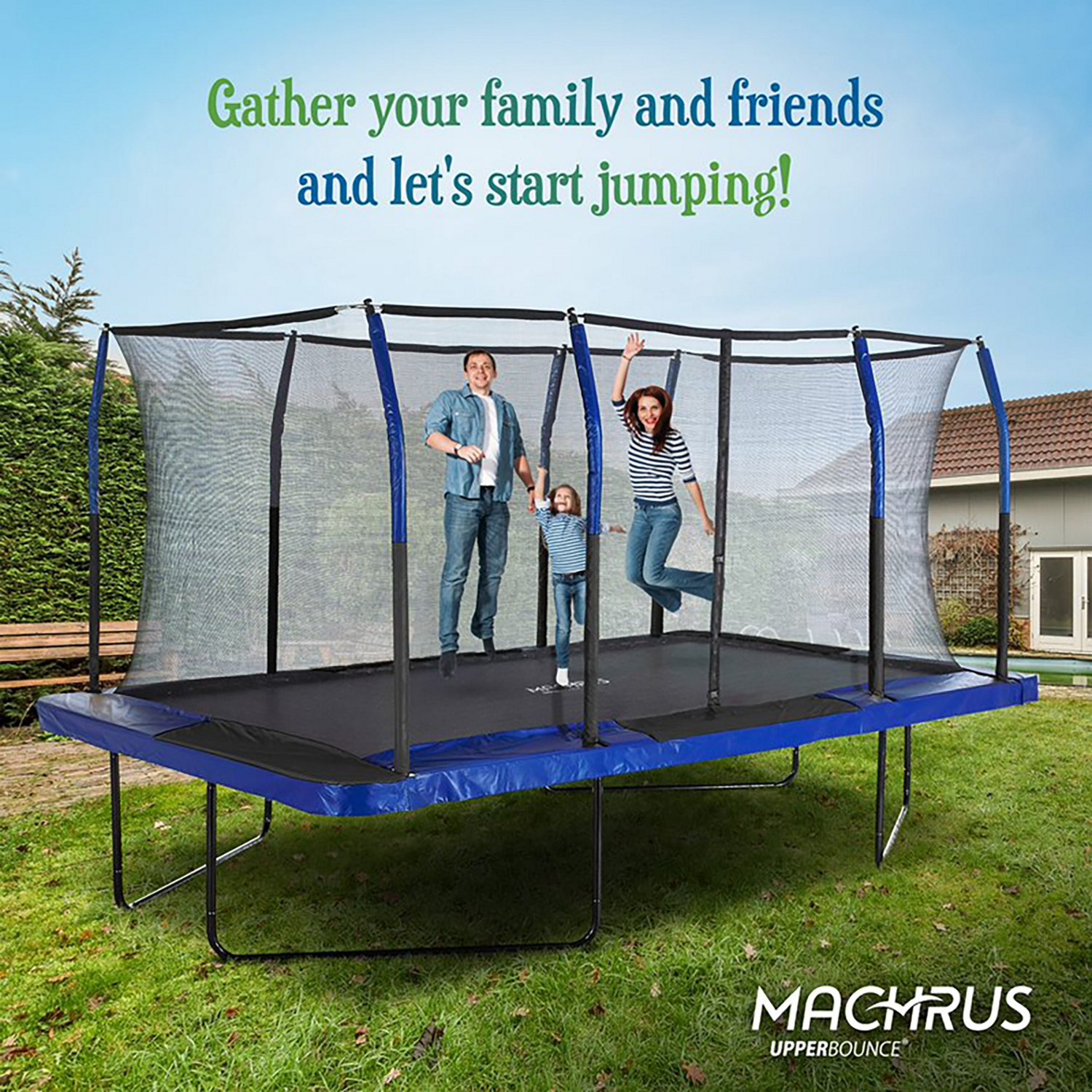 Machrus Upper Bounce 8 ft x 14 ft Rectangular Gymnastics Style Trampoline with Enclosure