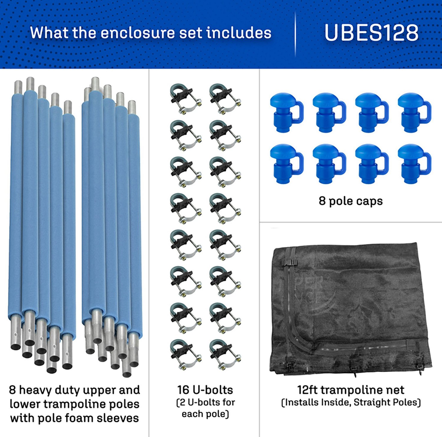 Machrus Upper Bounce 12 ft Round Trampoline Safety Enclosure Set with 8 Poles