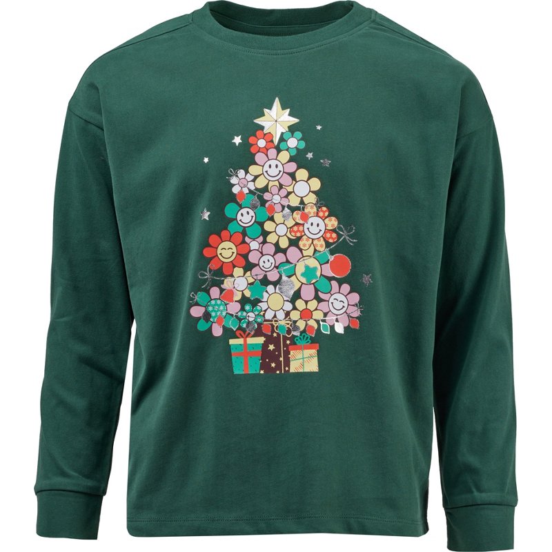 BCG Girls' Lifestyle Long Sleeve Cotton Xmas Tree Tee Green Dark, X-Small - Girl's Athletic Tops at Academy Sports