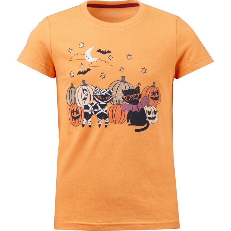 BCG Girls' Lifestyle Short Sleeve Cotton Spooky Cats Tee Tangerine, X-Small - Girl's Athletic Tops at Academy Sports