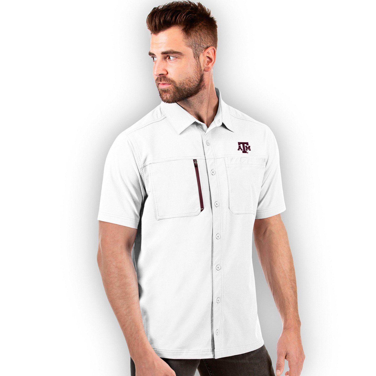 Antigua Men's Texas A&M University Kickoff Woven Short Sleeve Fishing Shirt - view number 2