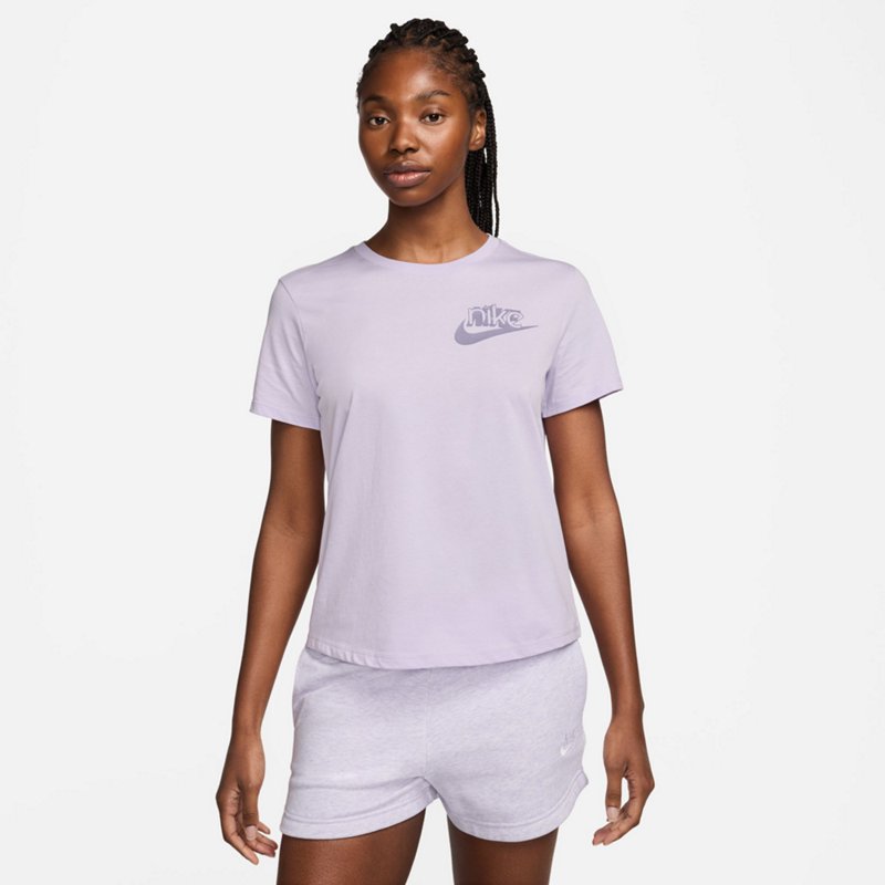 Nike Women's NSW Club LBR Short Sleeve Shirt Light Purple, Medium - Women's Core/Basic Tops at Academy Sports