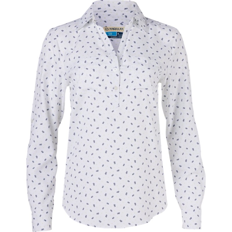 Magellan Outdoors Women's Aransas Pass Long Sleeve Henley Stripe Shirt Bright White Floral Dot, X-Large - Women's Fishing Tops at Academy Sports