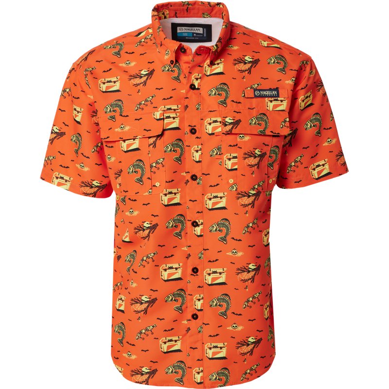 Magellan Men's Laguna Madre Tackle Box of Horrors Short Sleeve Button Down Shirt Orange, Small - Men's Fishing Tops at Academy Sports