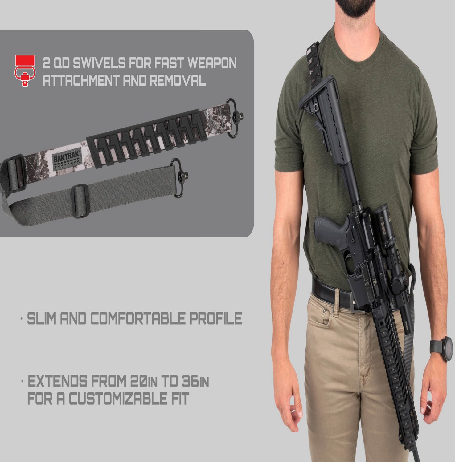 Allen Company Veil Tac Gray Trak Traction Web Rifle Sling with Quick Detach Swivels - view number 7