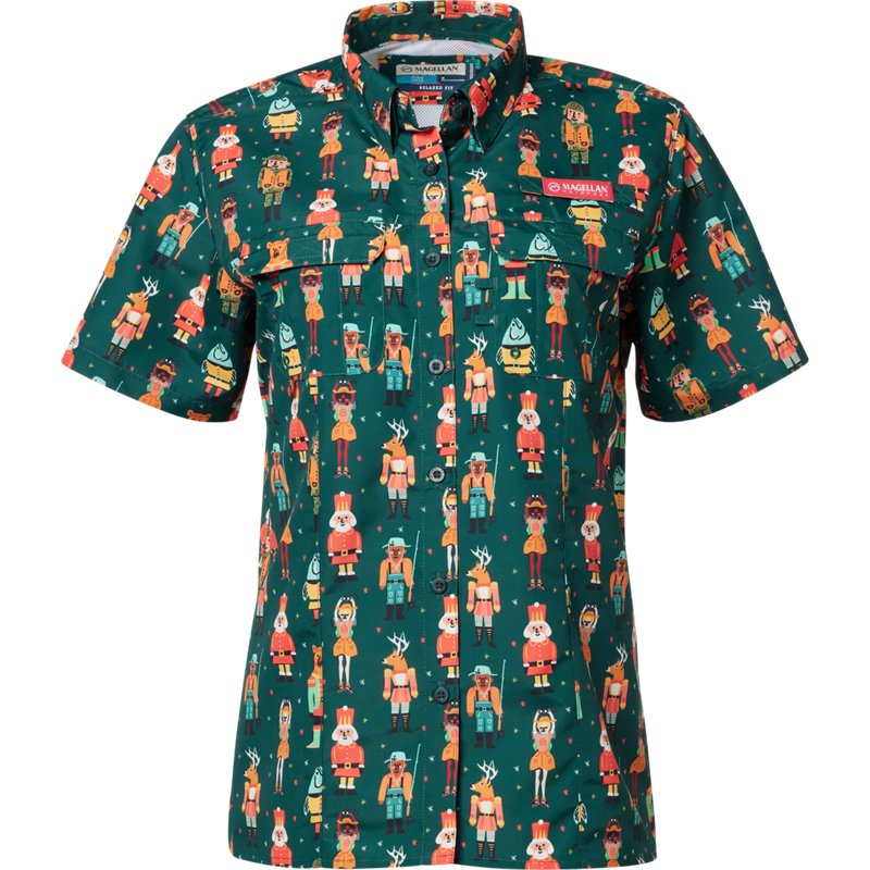 Magellan Outdoors Women's Laguna Madre Holiday MO Snowdrift Graphic Button Down Shirt Nutcracker, X-Small - Women's Fishing Tops at Academy Sports