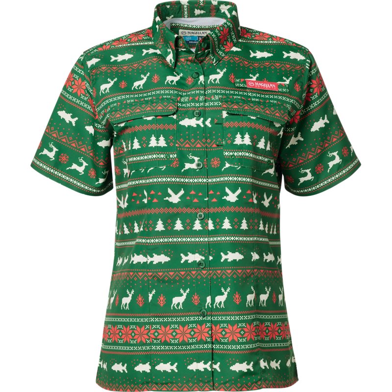 Magellan Outdoors Women's Laguna Madre Holiday MO Snowdrift Graphic Button Down Shirt Green Fair Isle Knit, X-Large - Women's Fishing Tops