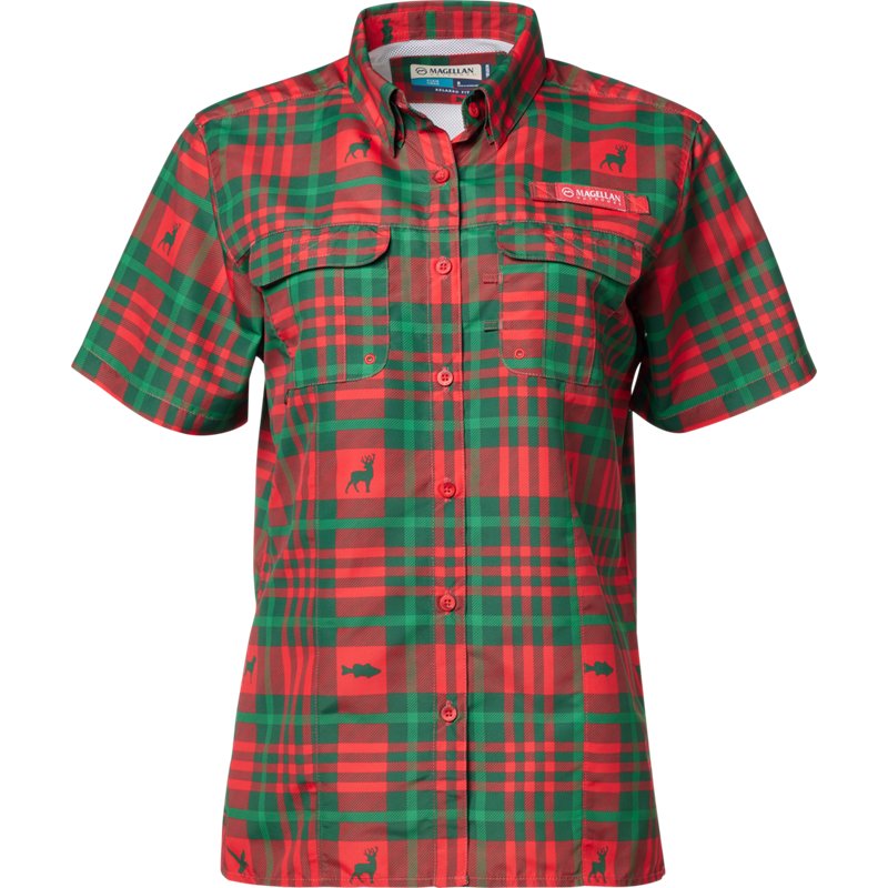 Magellan Outdoors Women's Laguna Madre Holiday MO Snowdrift Graphic Button Down Shirt Red Plaid, Medium - Women's Fishing Tops at Academy Sports