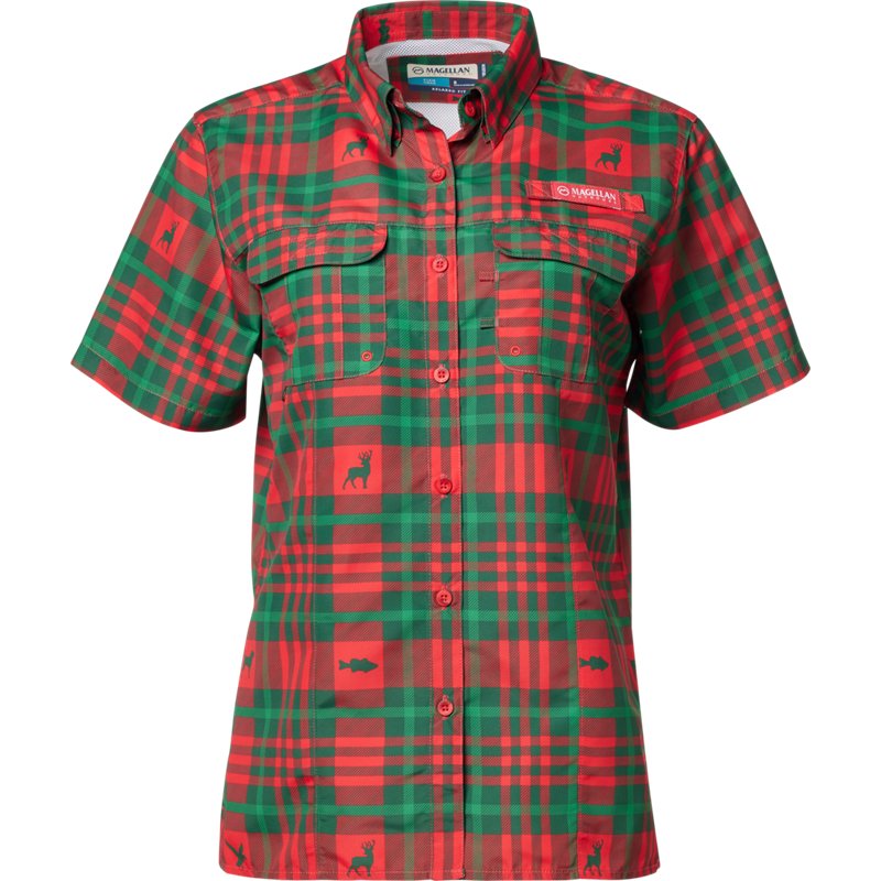 Magellan Outdoors Women’s Laguna Madre Holiday MO Snowdrift Graphic Button Down Shirt Red Plaid, Medium - Women's Fishing Tops at Academy Sports