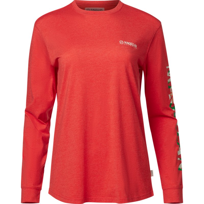 Magellan Outdoors Women’s Grotto Falls Holiday Print Long Sleeve Graphic T-Shirt Fiery Red, X-Small - Women's Outdoor Long-Sleeve Tops