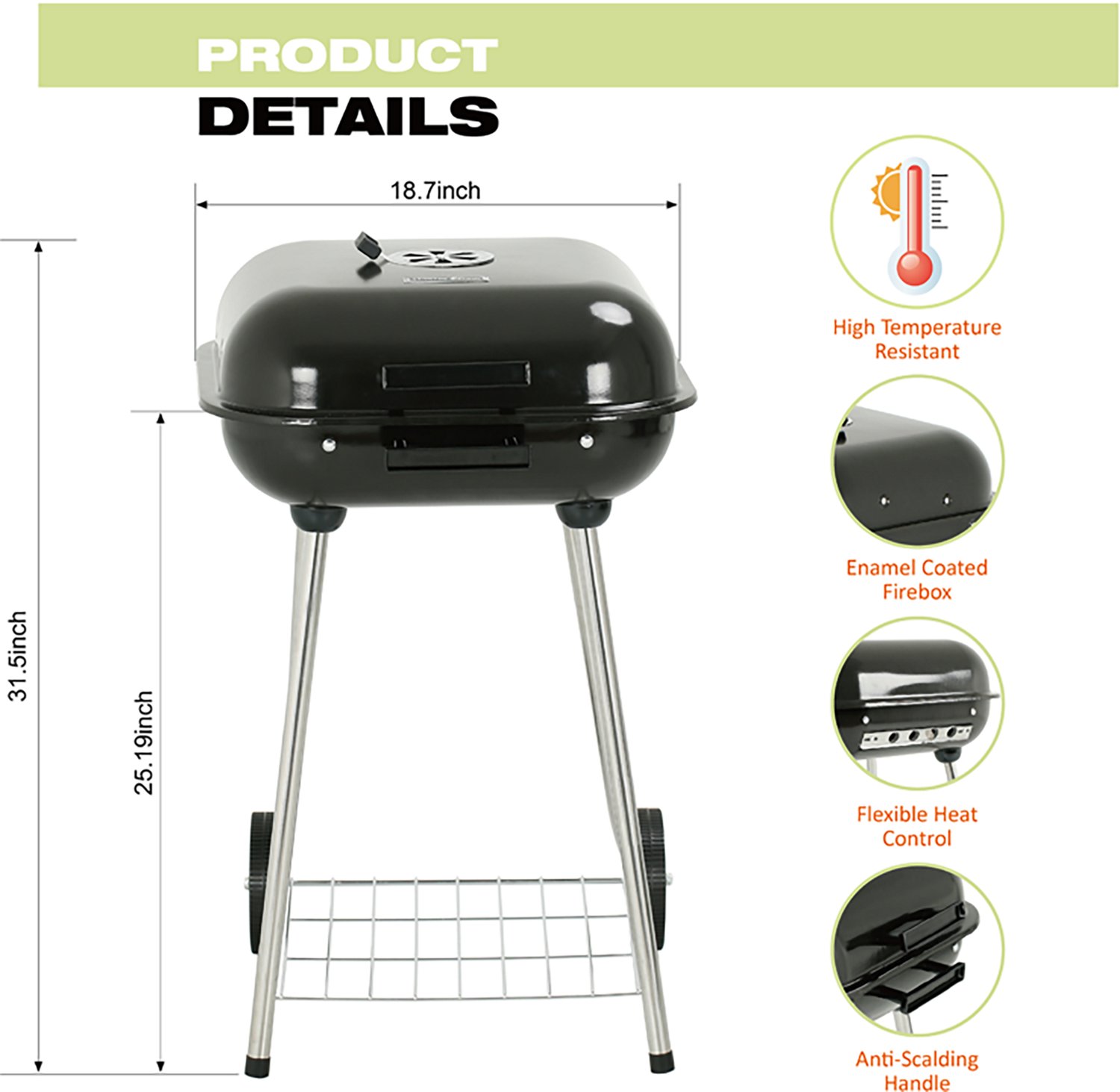 Master Cook 18 in Portable Charcoal Square Grill with Wheels - view number 4