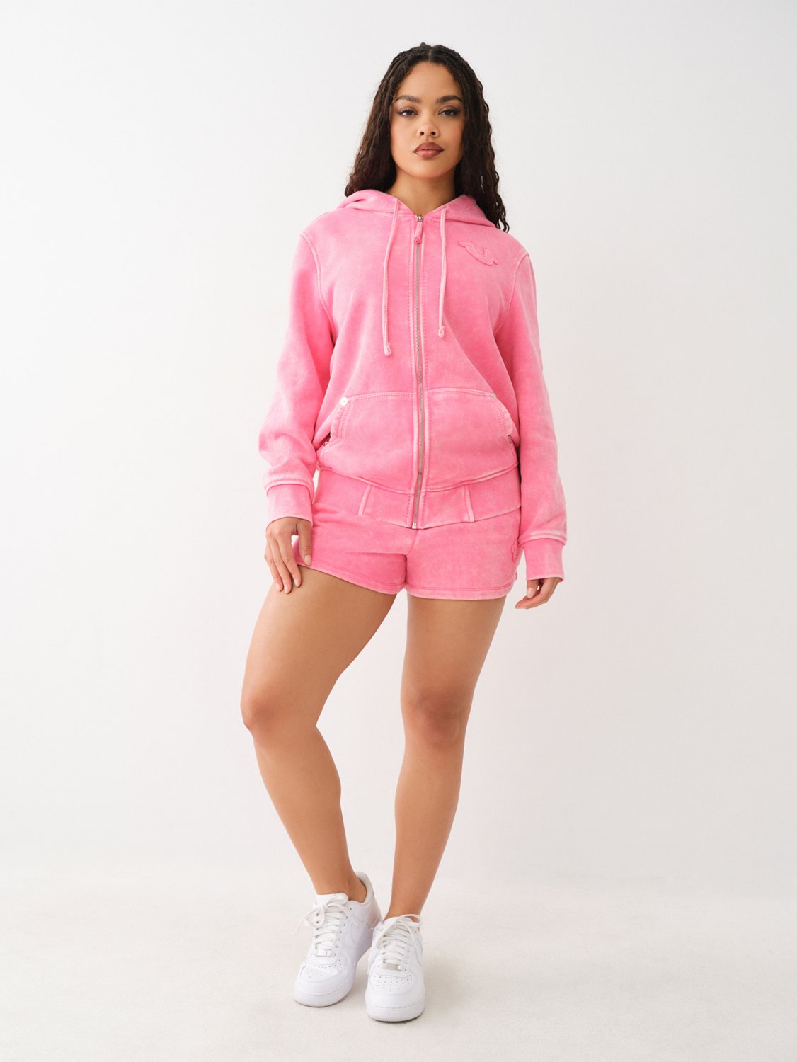 True Religion Women's Acid Wash Big T Zip Up Hoodie