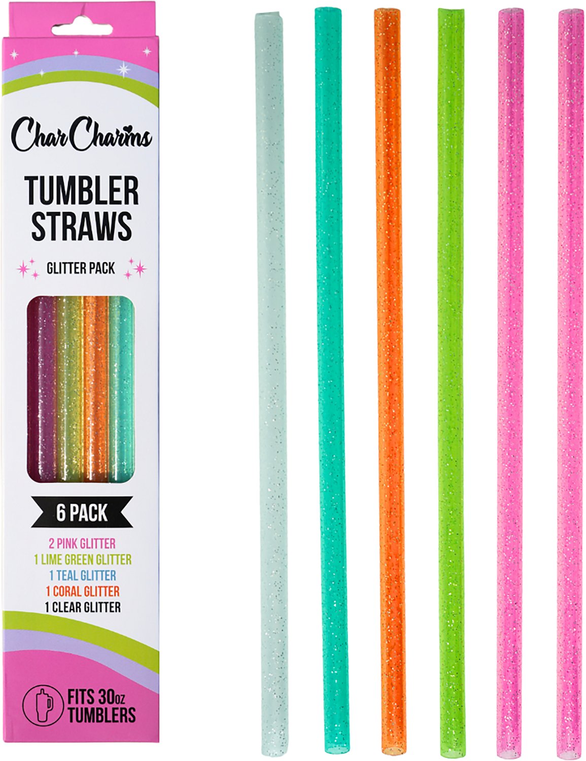 CharCharms 30 oz Glitter Straws 6-Pack