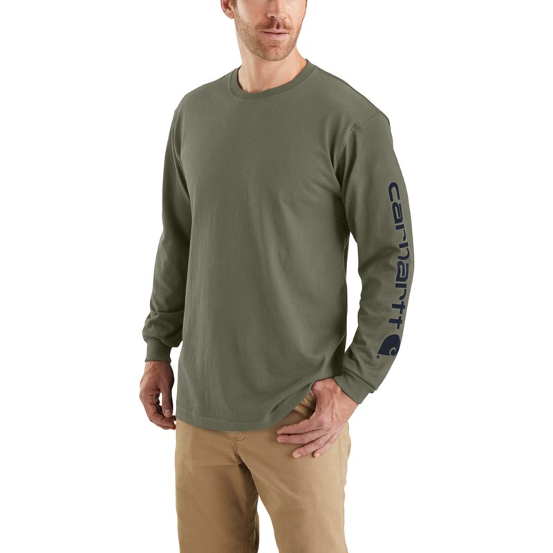 Carhartt Loose-Fit Heavyweight Logo Sleeve Graphic Long-Sleeve T-Shirt for Men - Dusty Olive