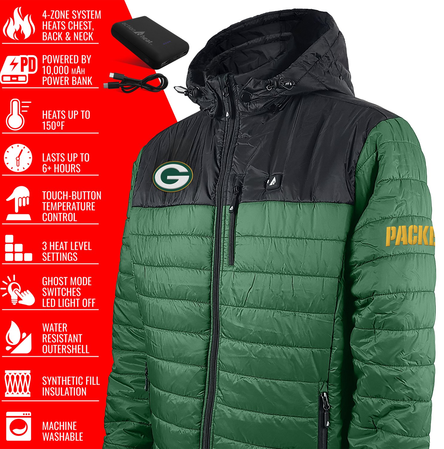 ActionHeat Men's Green Bay Packers 5V Puffer Battery Heated