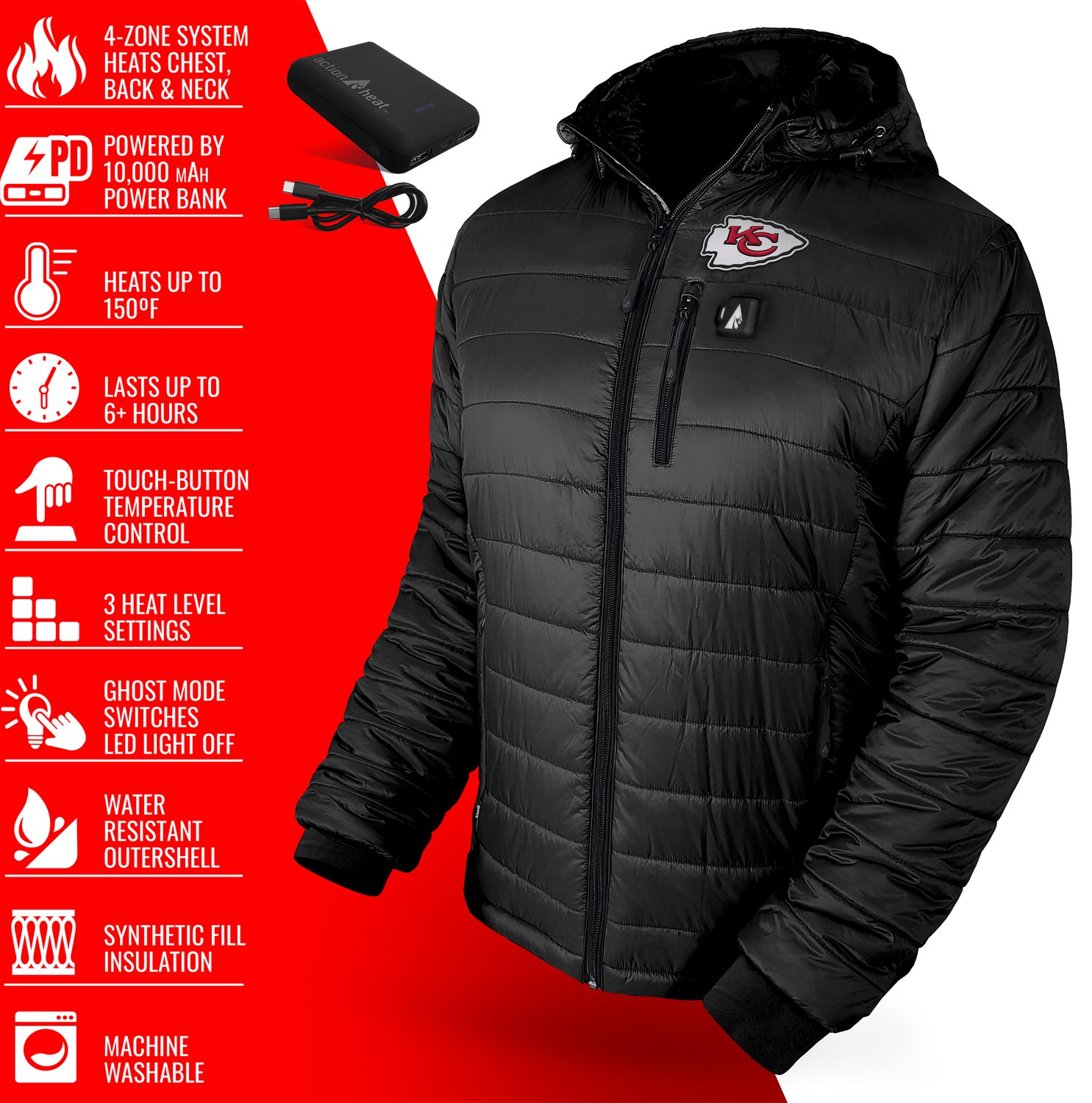 ActionHeat Men's Kansas City Chiefs 5V Puffer Battery Heated Jacket - view number 4