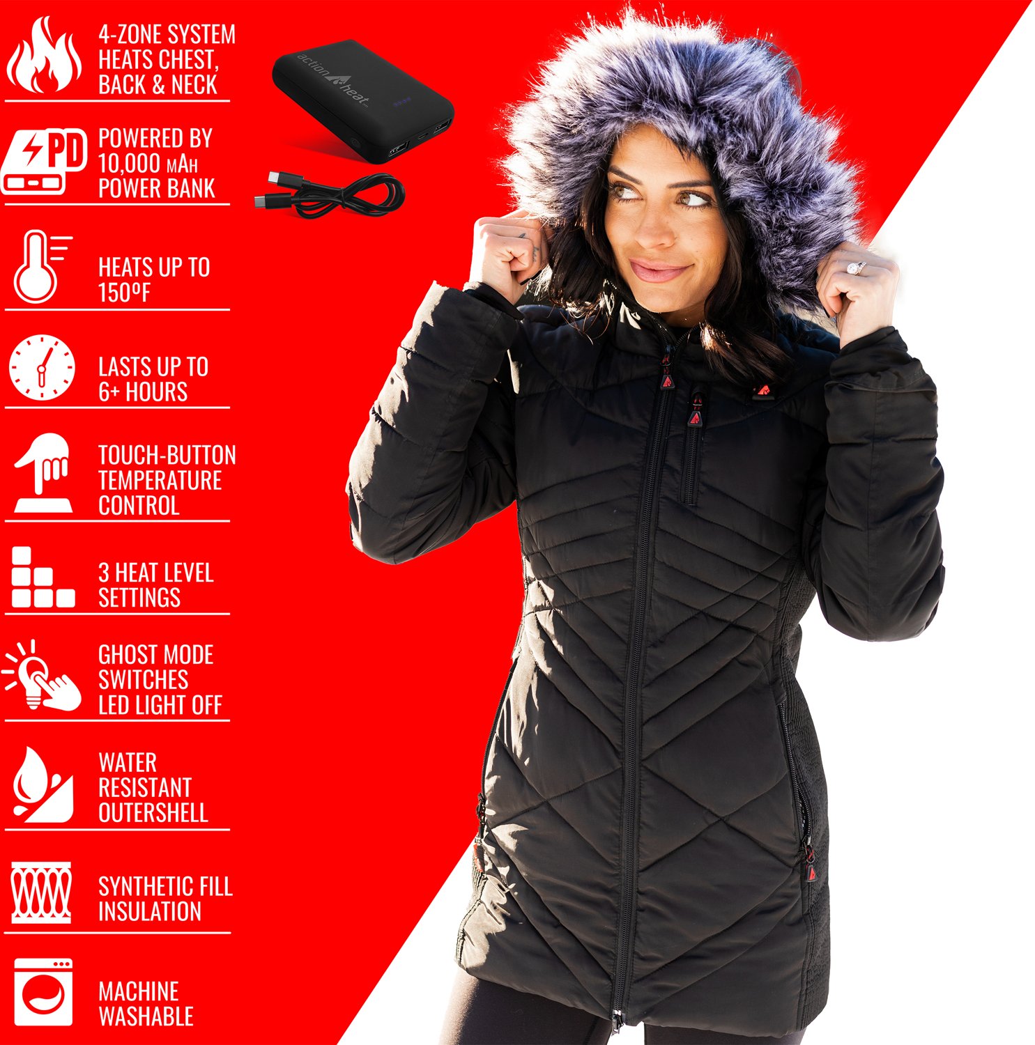 ActionHeat Women's Vikings 5V Long Puffer Battery Heated Jacket - view number 4