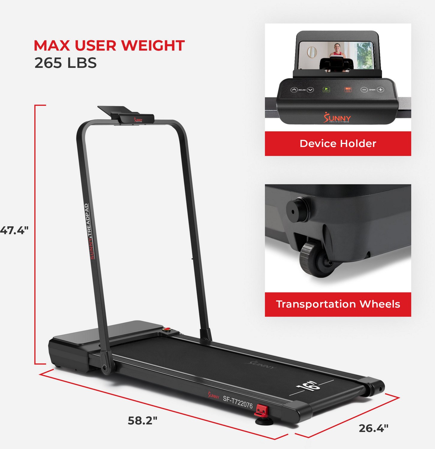 Sunny Health & Fitness Pacer Smart Compact Auto Incline Tread Pad - view number 3