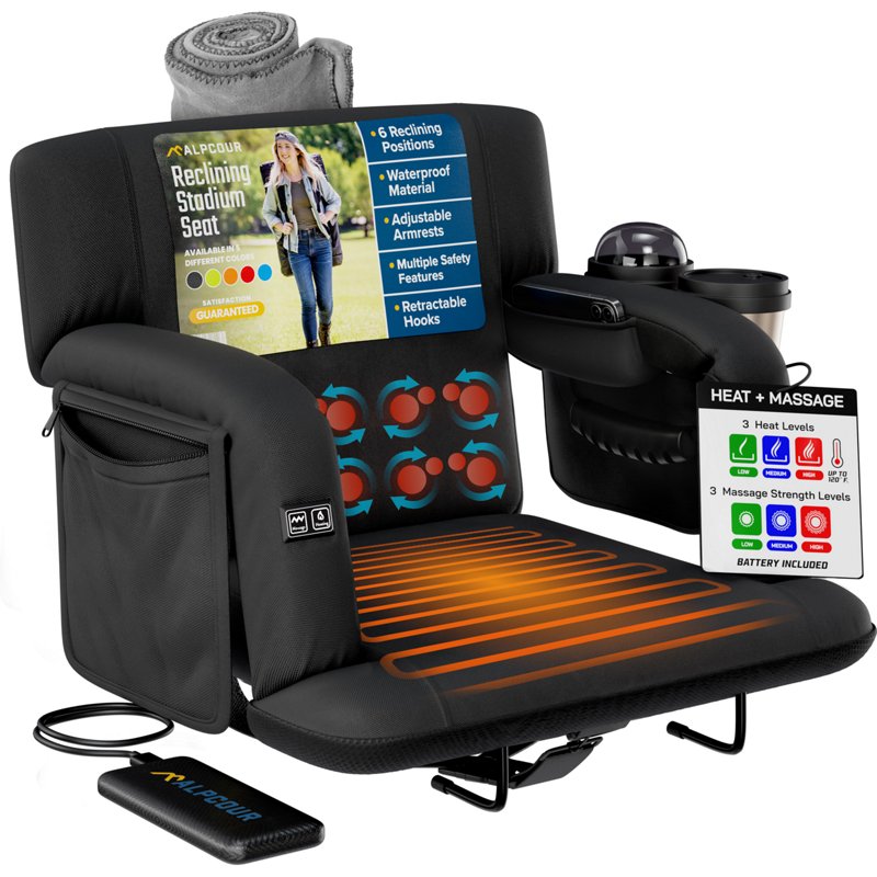 Alpcour Premium Reclining Heated Massage Wide Stadium Seat Black - Football Equipment at Academy Sports