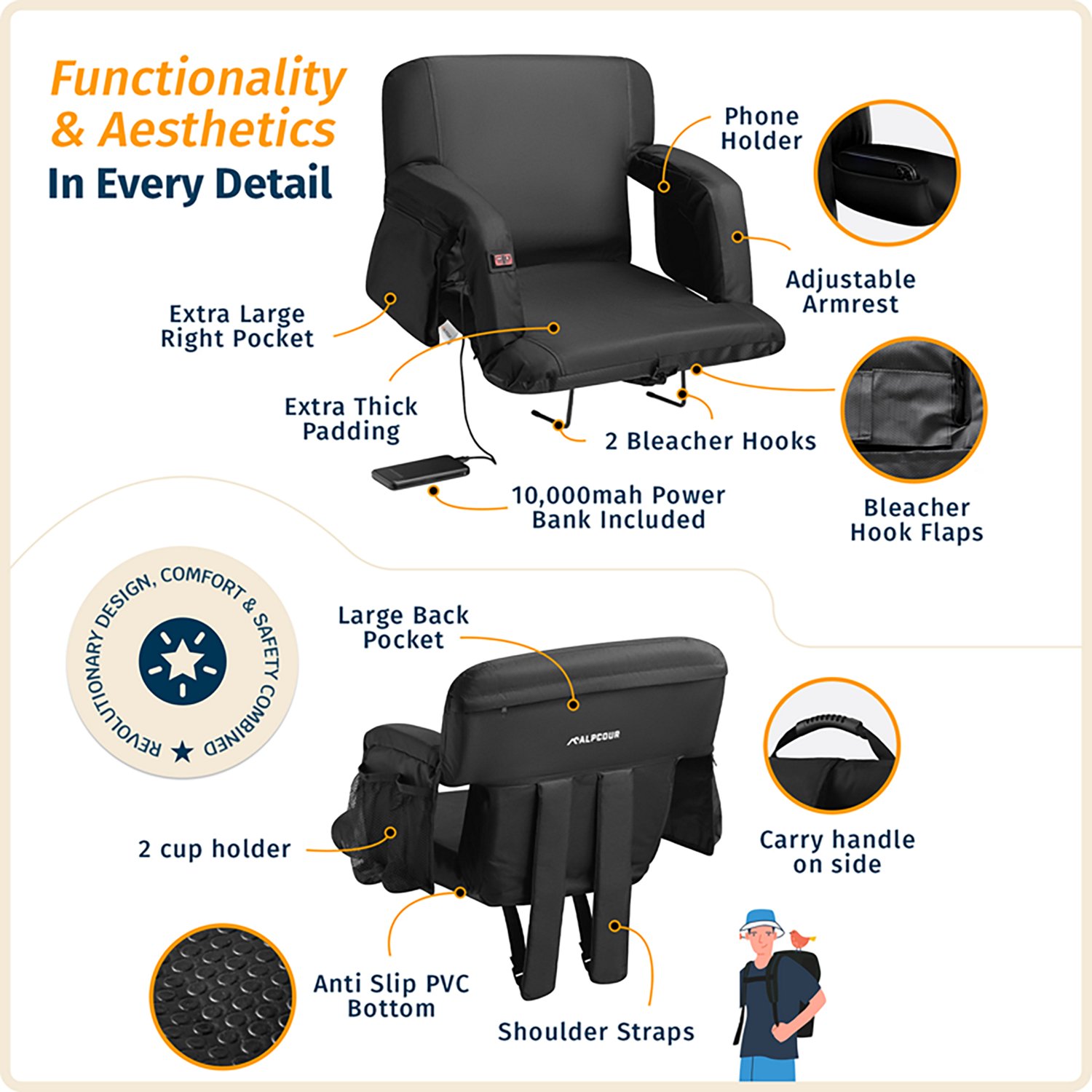 Alpcour Premium Reclining Heated Massage Wide Stadium Seat                                                                       - view number 3