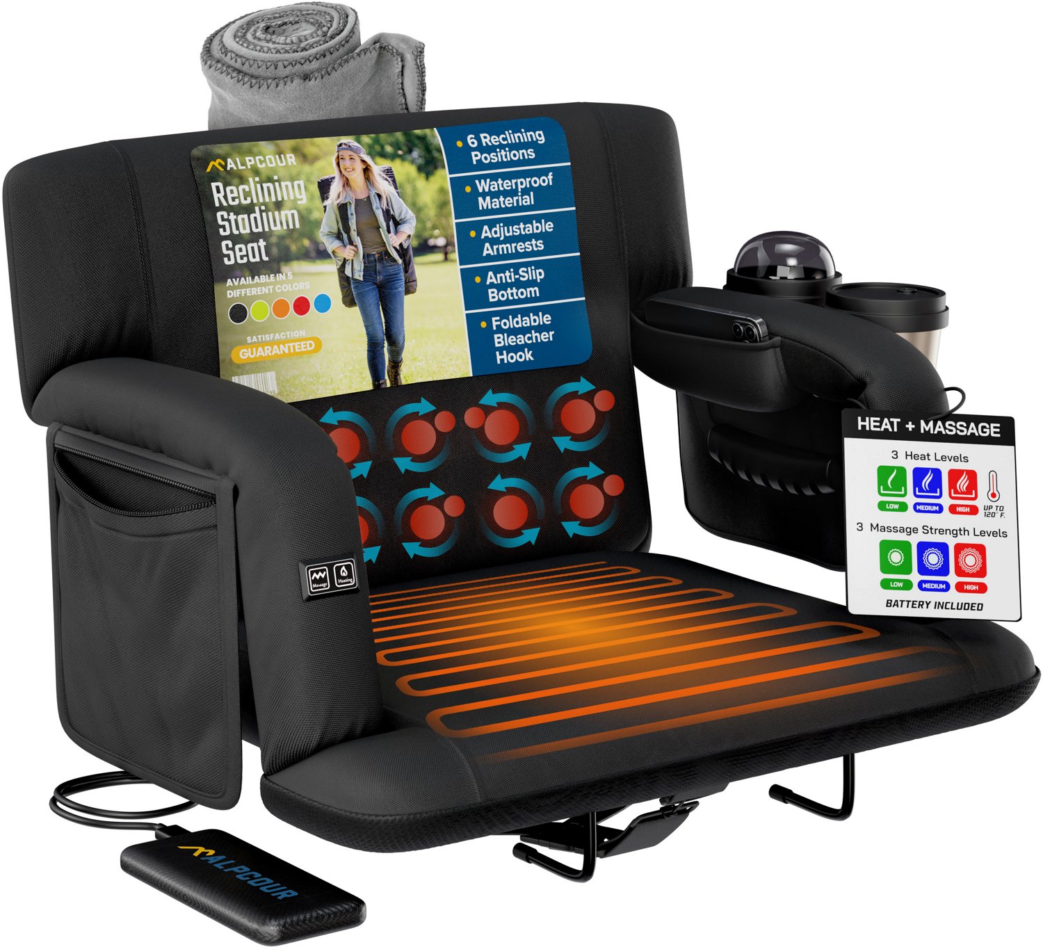 Alpcour Premium Reclining Heated Massage Extra Wide Stadium Seat