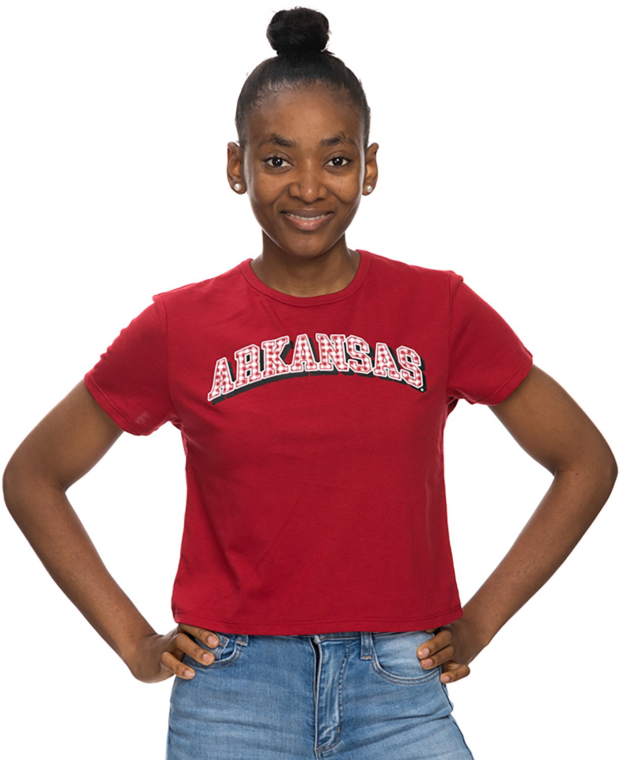 ZooZatz Women's Arkansas Gingham Arch Crop T-shirt