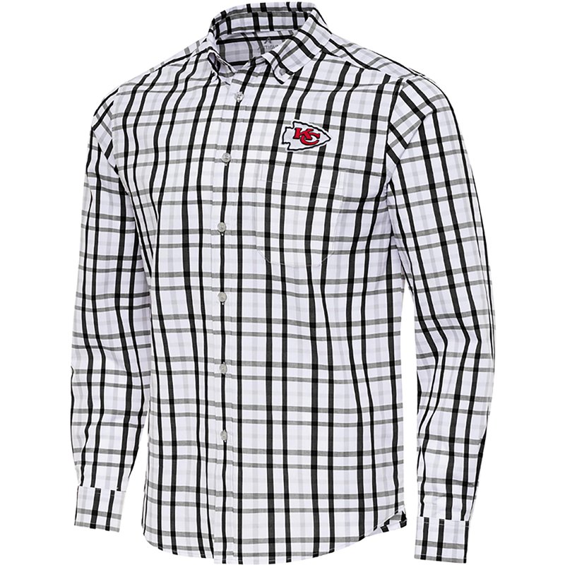 Men's Antigua Black/Gray Kansas City Chiefs Tending Woven Tri-Blend Long Sleeve Button-Down Shirt