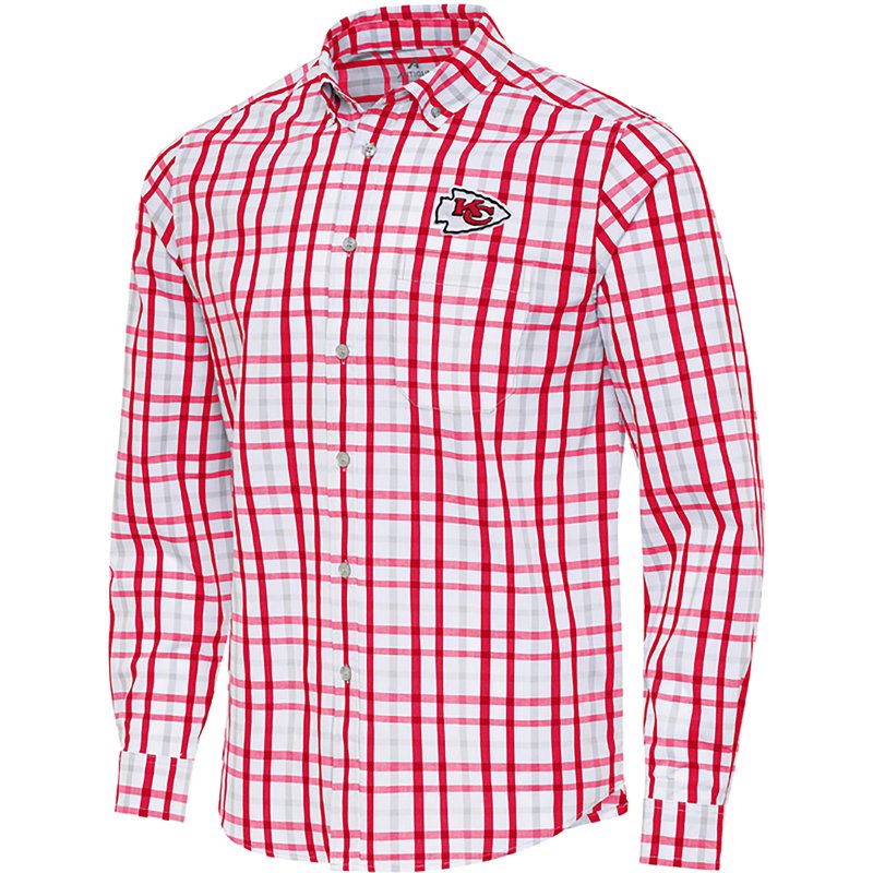 Men's Antigua Red/Gray Kansas City Chiefs Tending Woven Tri-Blend Long Sleeve Button-Down Shirt