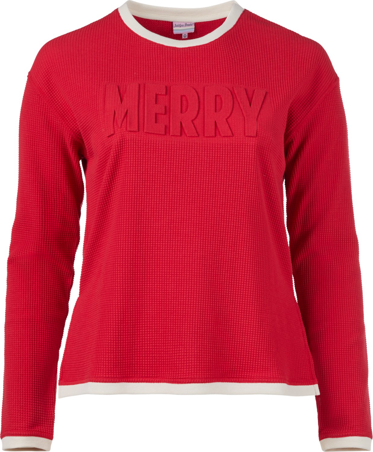 Jadelynn Brooke Women's Embossed Effortless Long Sleeve Crew Graphic Pullover