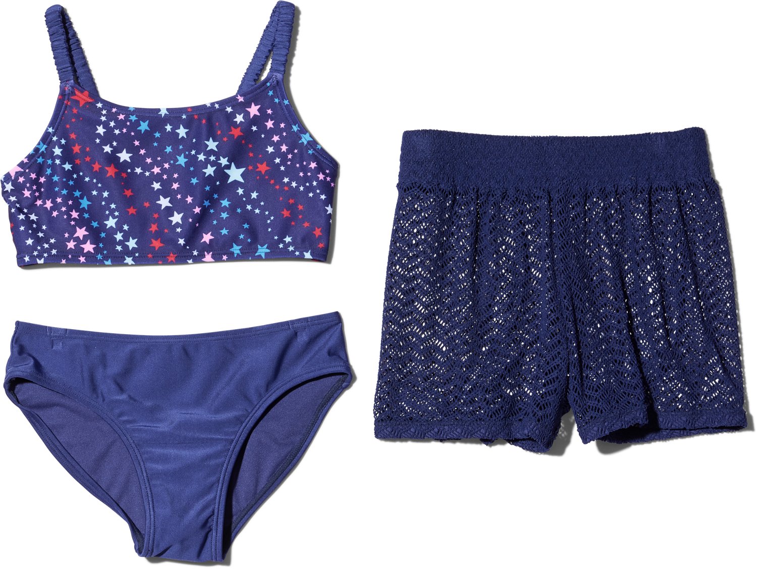 O'Rageous Girls Star Swirl Bungee Shoulder Strap Bikini with Crochet Shorts