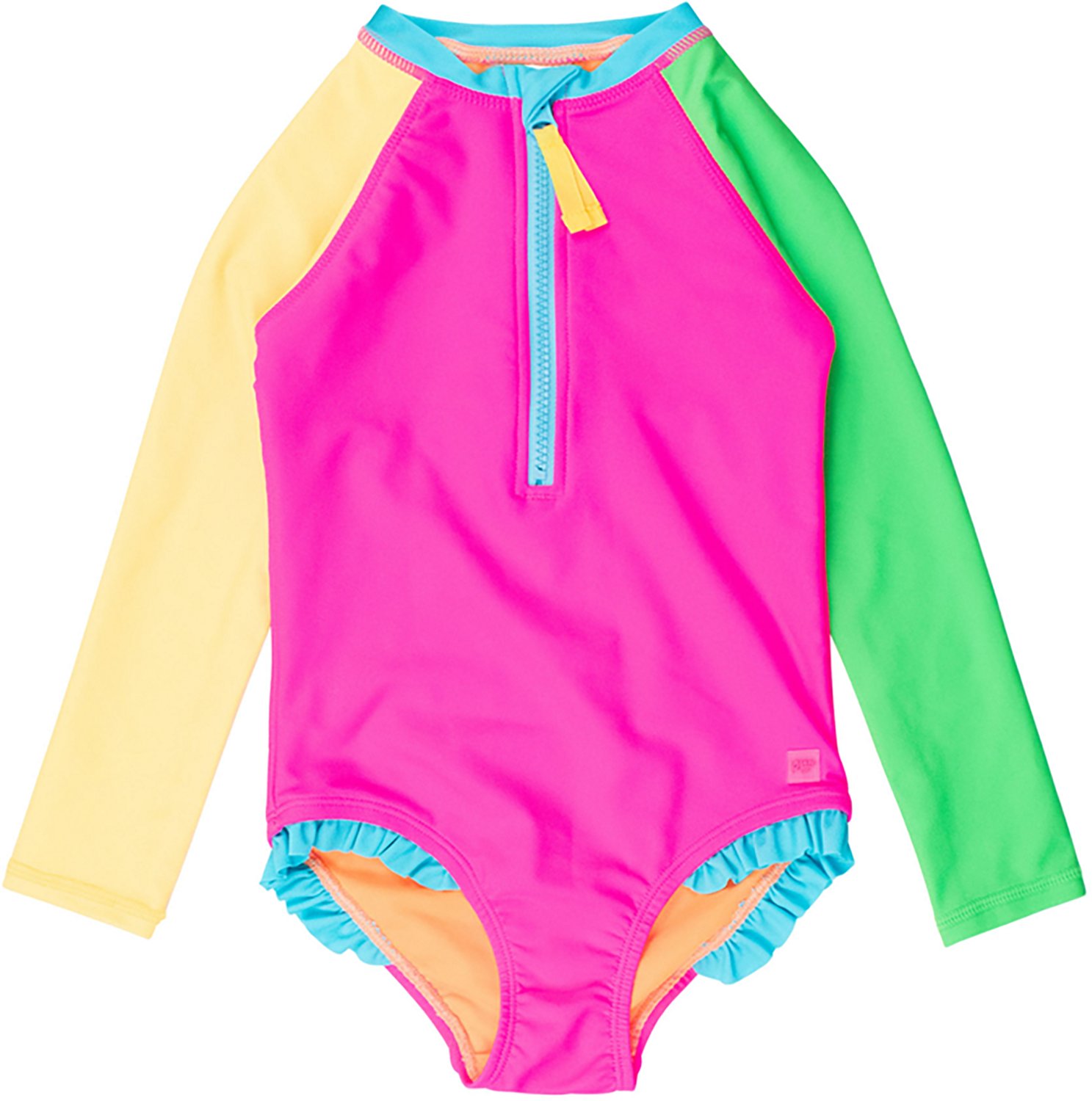 RuffleButts Girls' 4-7 Neon Color Block Long Sleeve Rash Guard