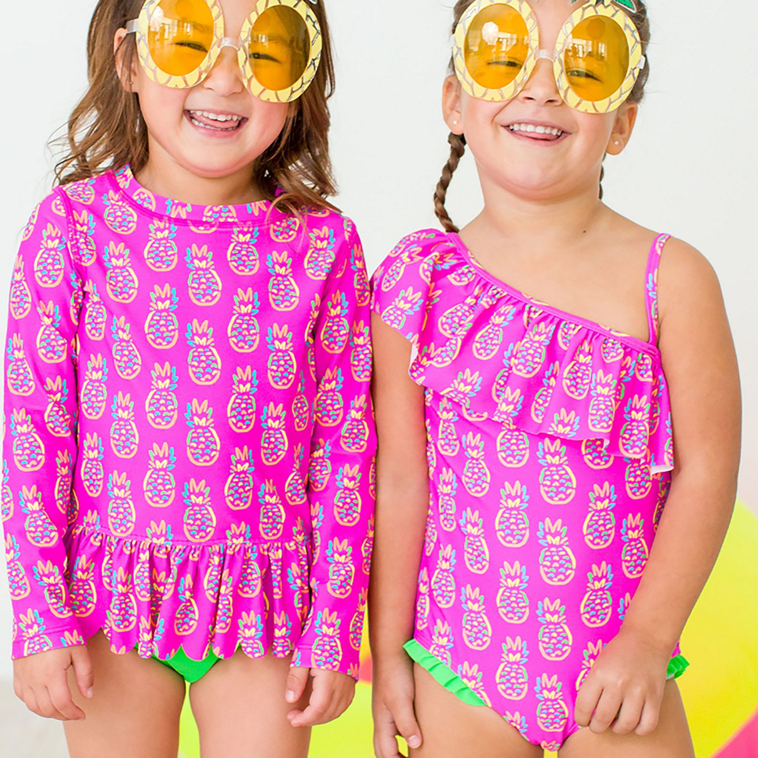 RuffleButts Girls' 4-7 Neon Violet Pineapples One Shoulder Ruffle Swimsuit - view number 3