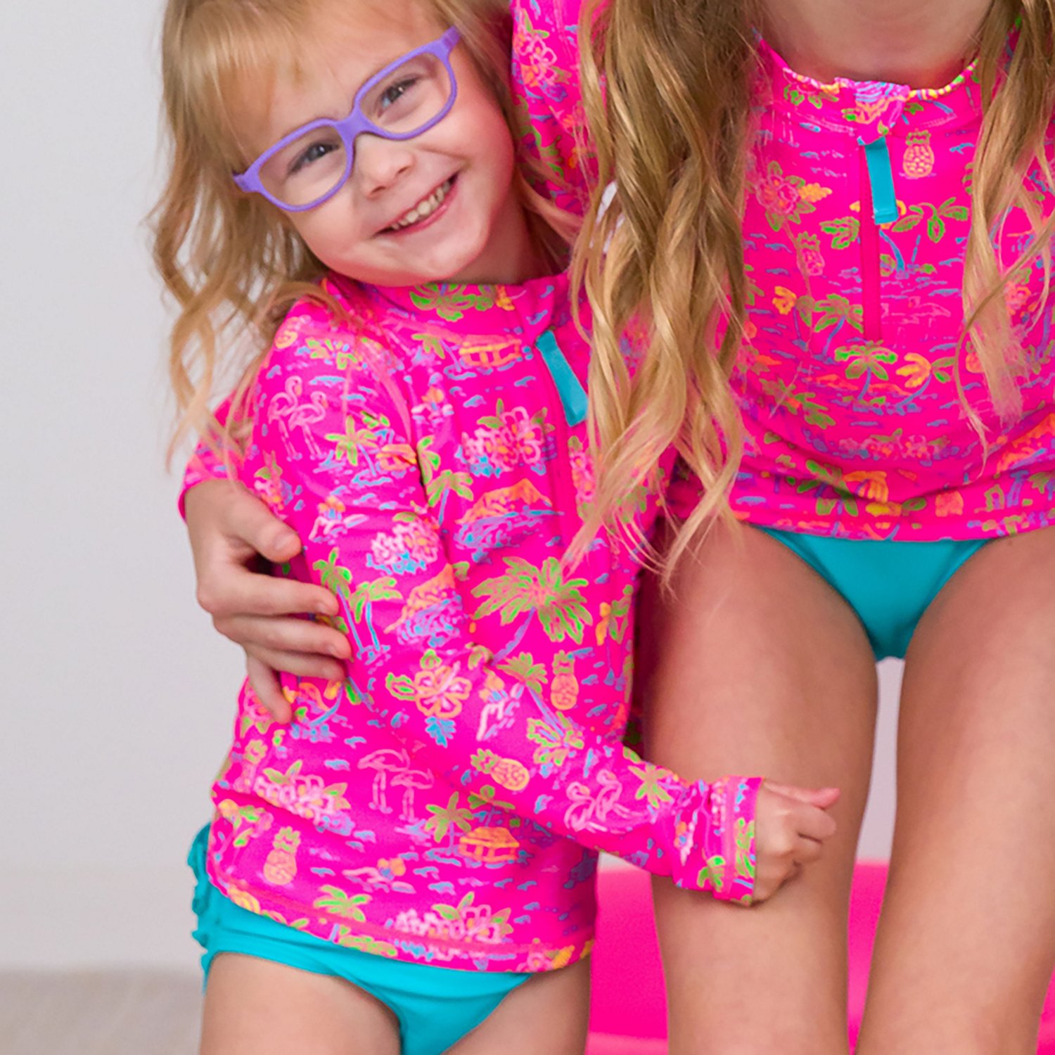 RuffleButts Girls' 4-7 Neon Island Time Long Sleeve 2-Piece Rash Guard - view number 4