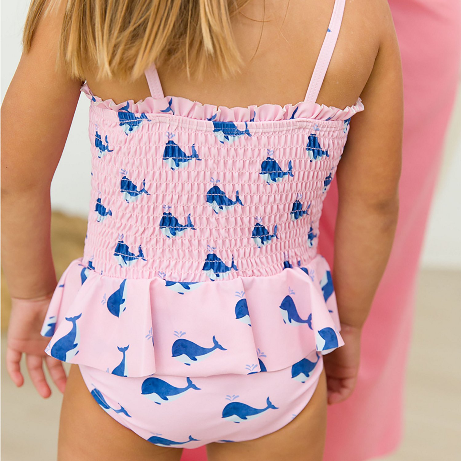 RuffleButts Girls' 4-7 Pink Whale Friends Peplum Smocked Swimsuit - view number 5