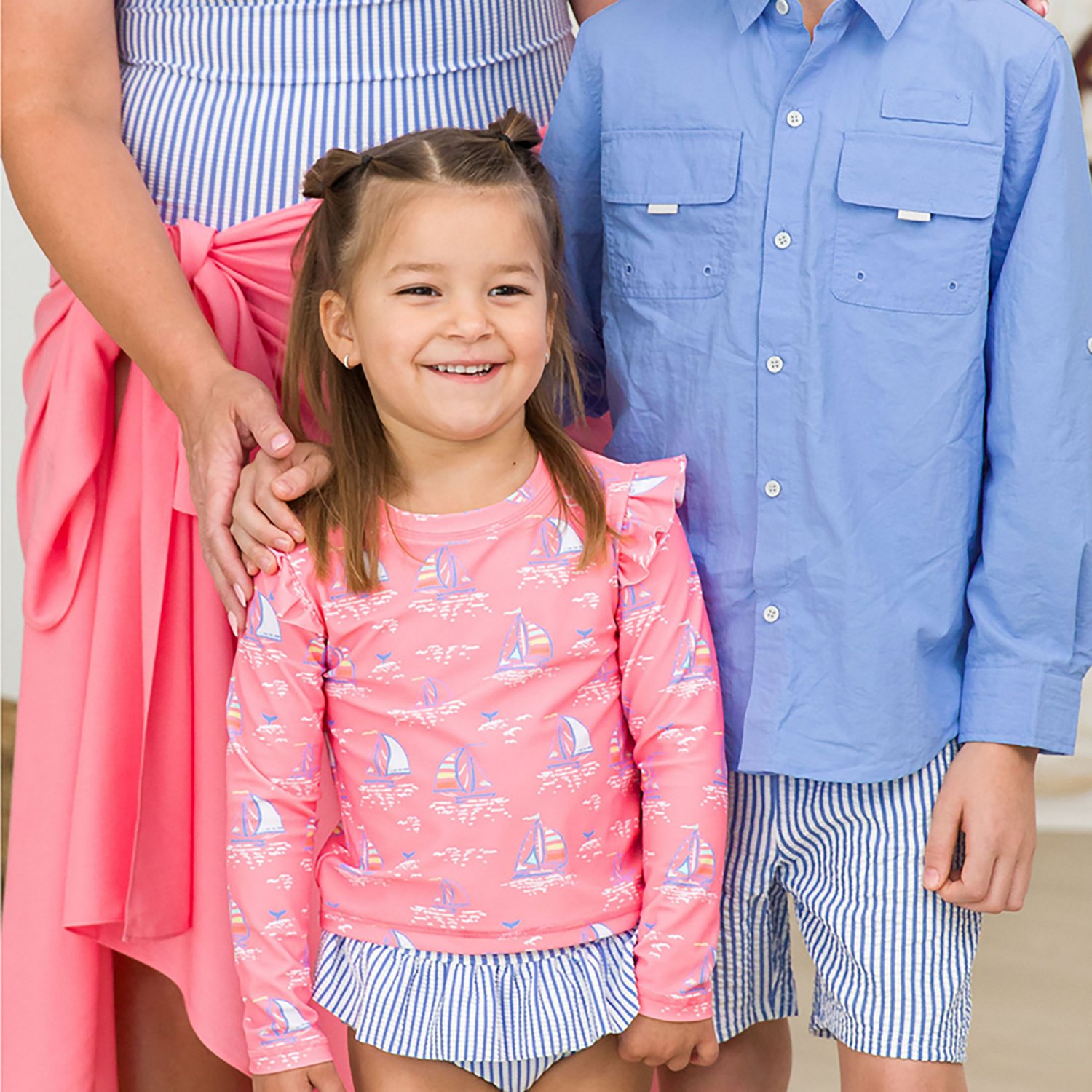 RuffleButts Girls' 4-7 Pink Seas the Day Skirted Flutter Long Sleeve Bikini Rash Guard - view number 3