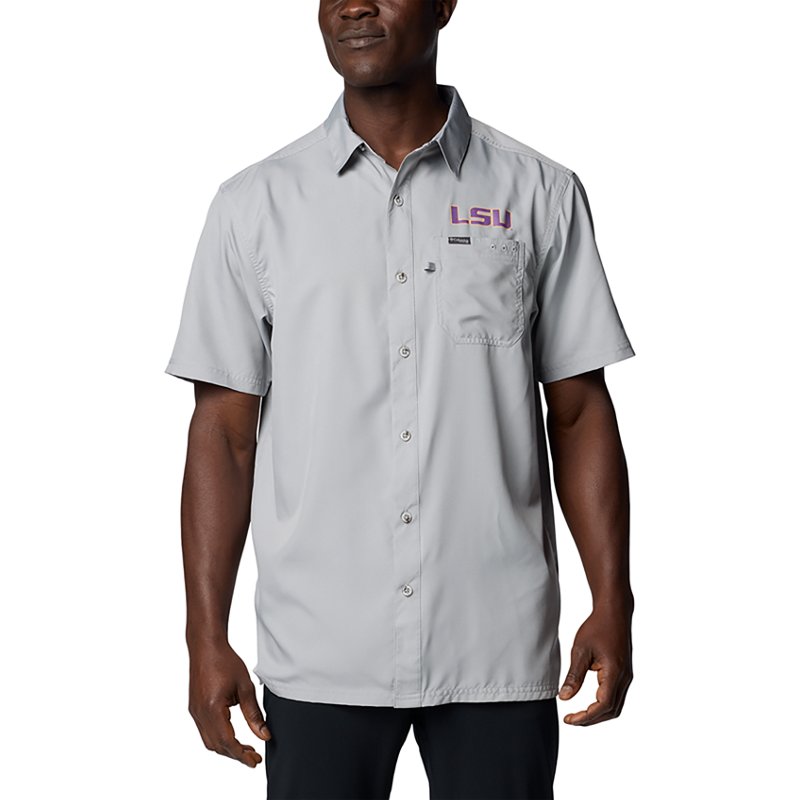 Columbia Men's Gray Lsu Tigers Pfg Slack Tide Omni-Shade Button-Up Camp Shirt - Gray