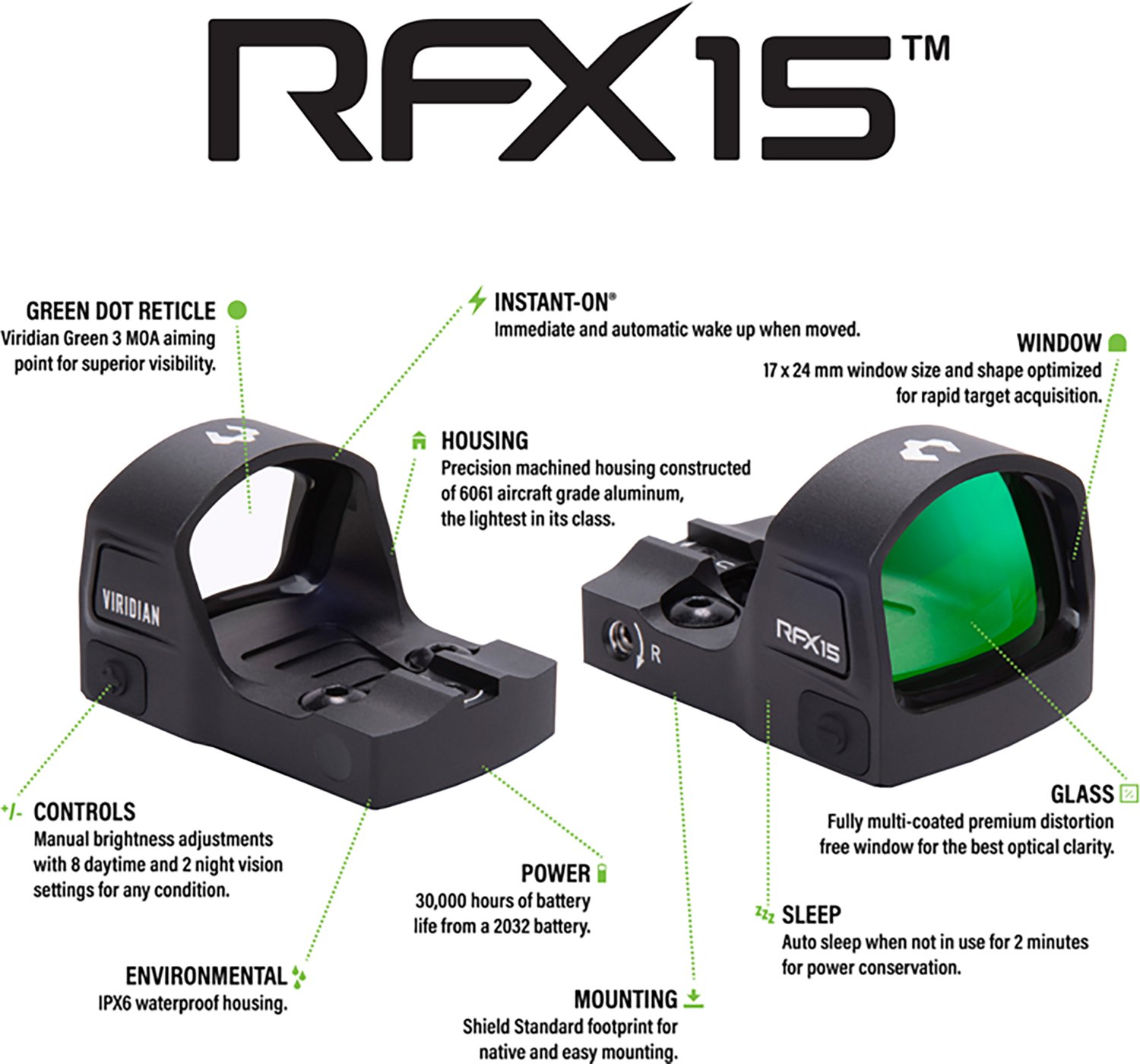 Viridian RFX15 1 x 17 mm Micro Green Dot Reflex Sight with SHIELD Footprint - view number 6