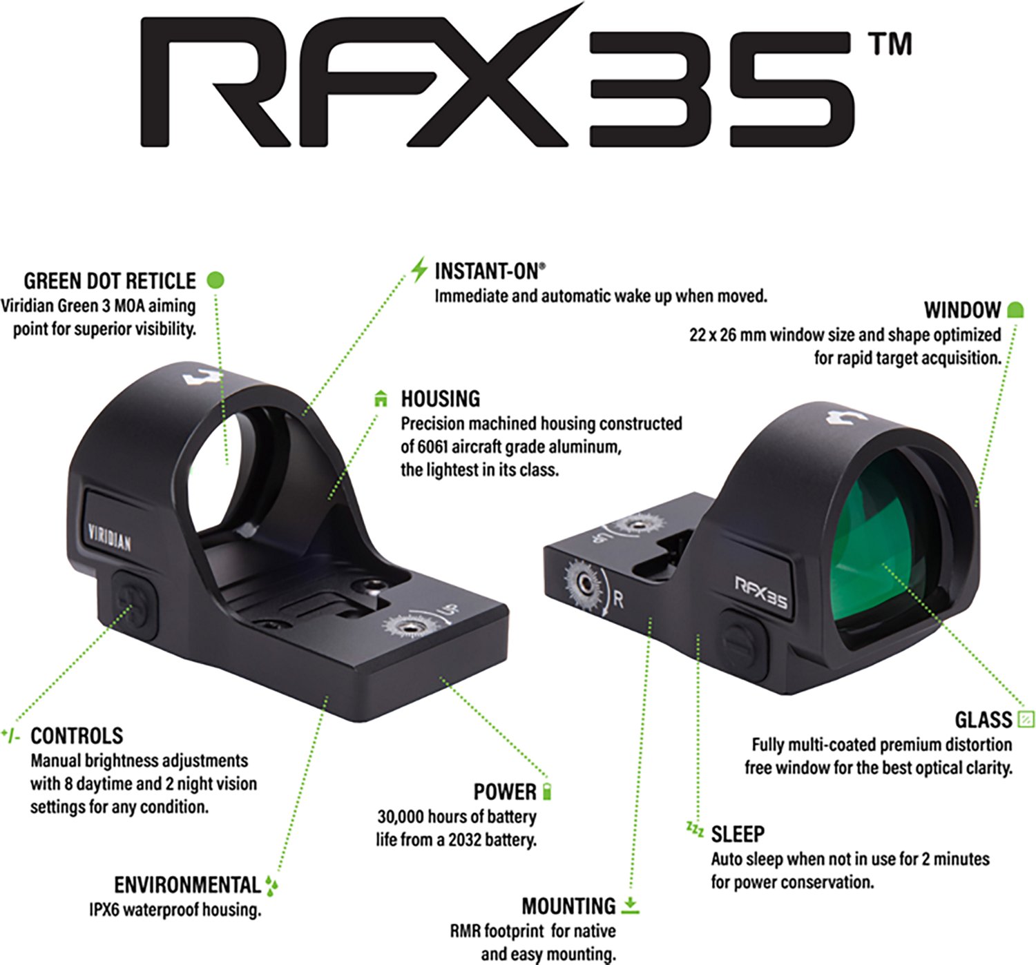 Viridian RFX35 1 x 22 mm Micro Green Dot Reflex Sight with RMR Footprint                                                         - view number 7