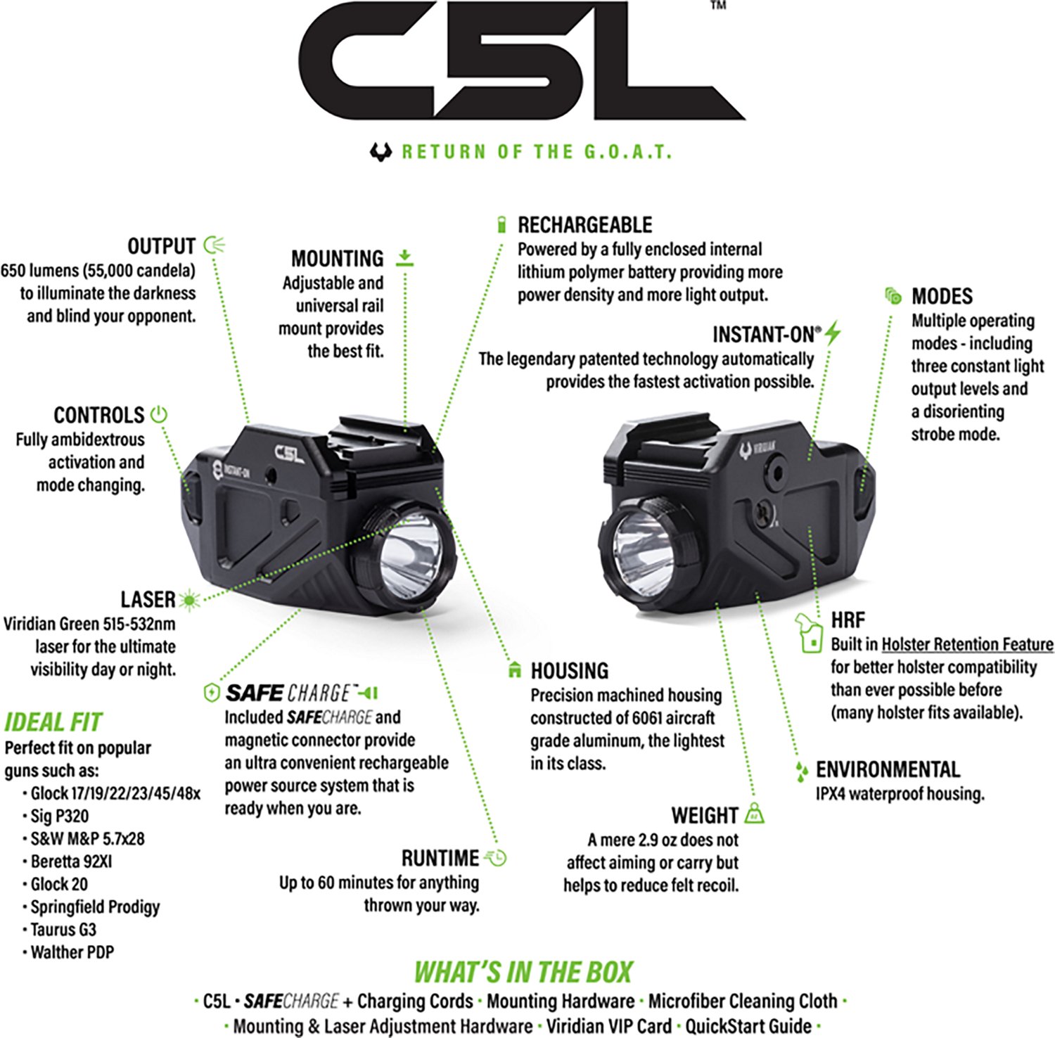 Viridian C5L Universal Green Laser and 650 lm Light with Rechargeable Battery, INSTANT-ON, and SafeCharge Power Bank - view number 6